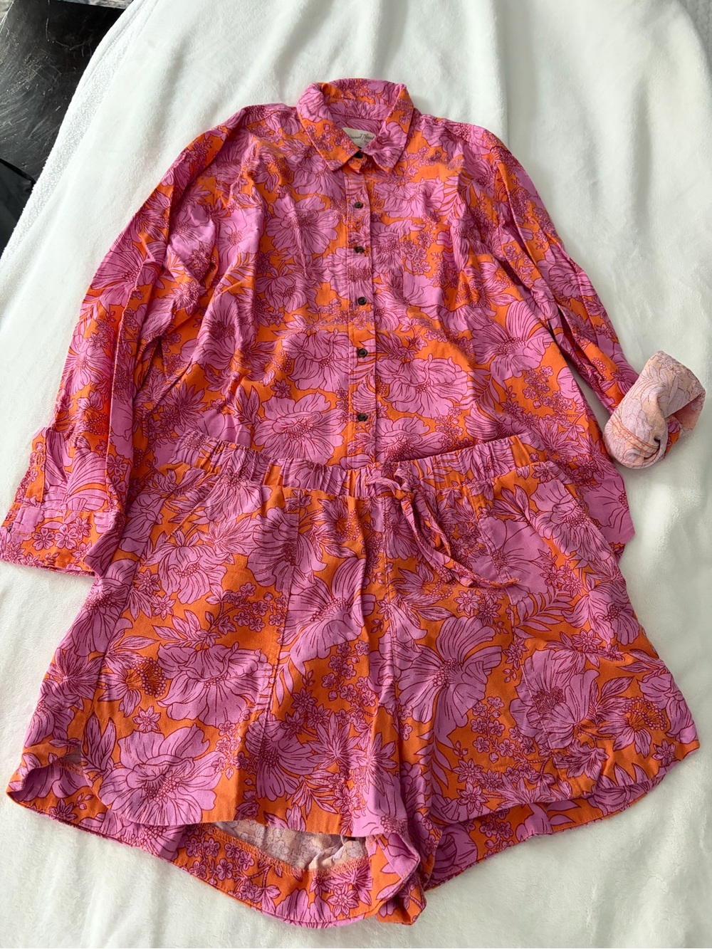 Universal Thread Pink and Orange Floral Linen Top & Short Set